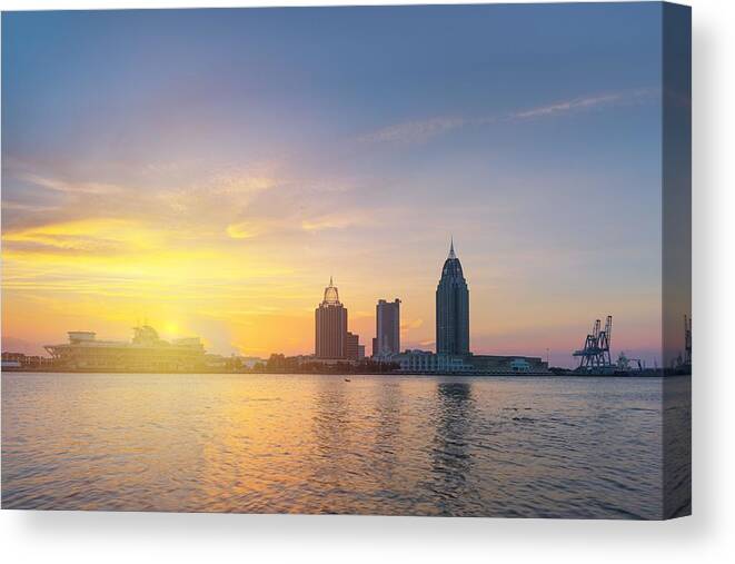 Landscape Canvas Print featuring the photograph Mobile, Alabama, Usa Downtown Skyline #11 by Sean Pavone