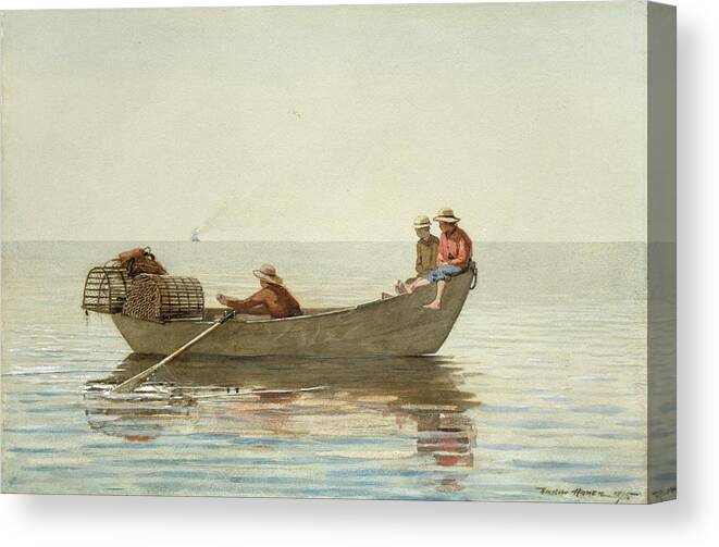 Fishing Canvas Print featuring the painting Three Boys In A Dory With Lobster Pots by Winslow Homer