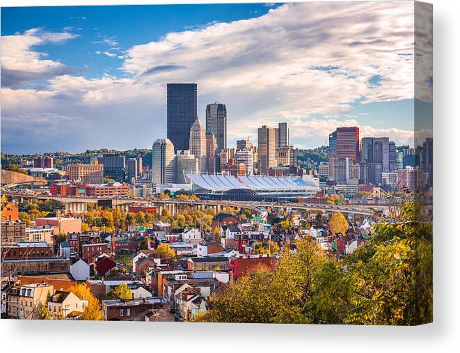 Landscape Canvas Print featuring the photograph Pittsburgh, Pennsylvania, Usa Skyline #16 by Sean Pavone