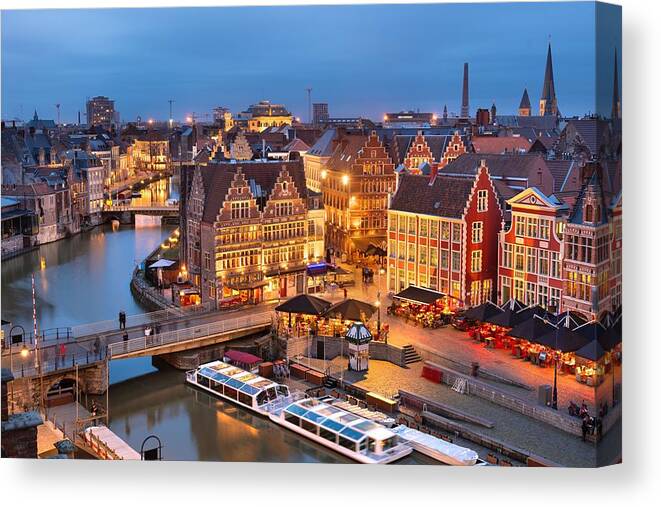Landscape Canvas Print featuring the photograph Ghent, Belgium Old Town Cityscape #18 by Sean Pavone