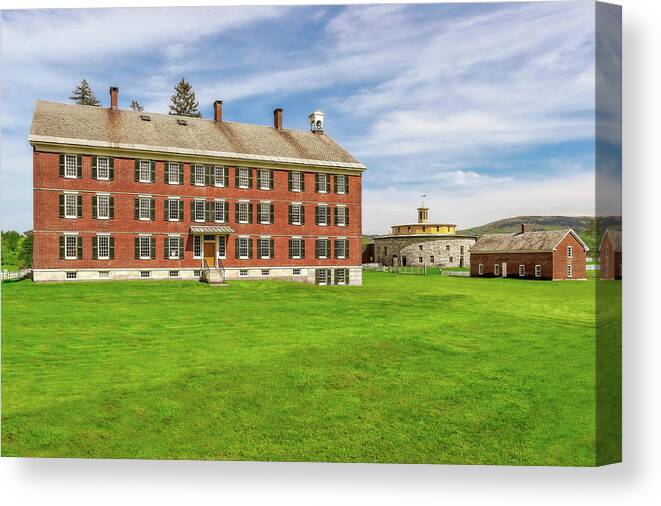 Architecture Canvas Print featuring the photograph 1800s Farm House and Barn Landscape - 1800snewenglandhouseandbarns184706 by Frank J Benz