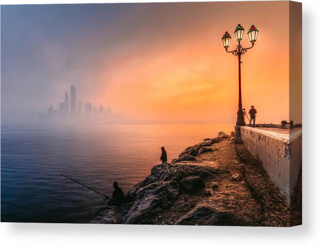 Abu Canvas Print featuring the photograph Abu Dhabi Cityscape - Foggy Morning #2 by Mohamed Kazzaz