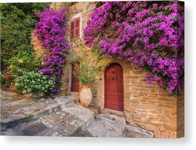 Estock Canvas Print featuring the digital art France, Provence-alpes-cote D'azur, Bormes-les-mimosas, Cote D'azur, French Riviera, Var, House Entrance With Blooming Bougainvillea In An Alley #2 by Cornelia Drr