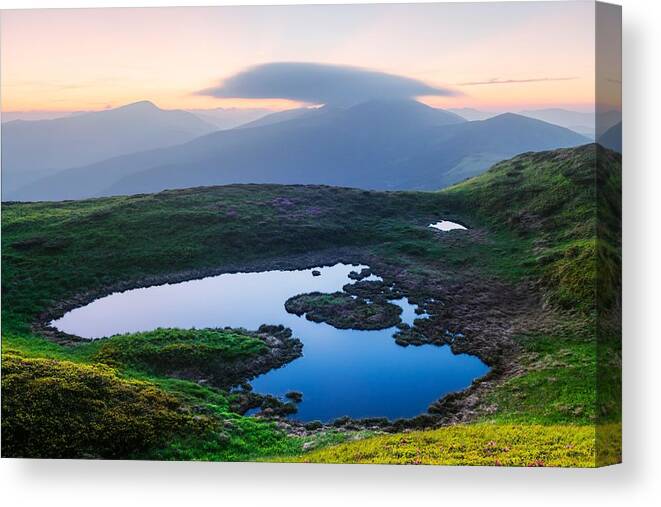 Landscape Canvas Print featuring the photograph Mountain Lake On Sunrise Time #2 by Ivan Kmit