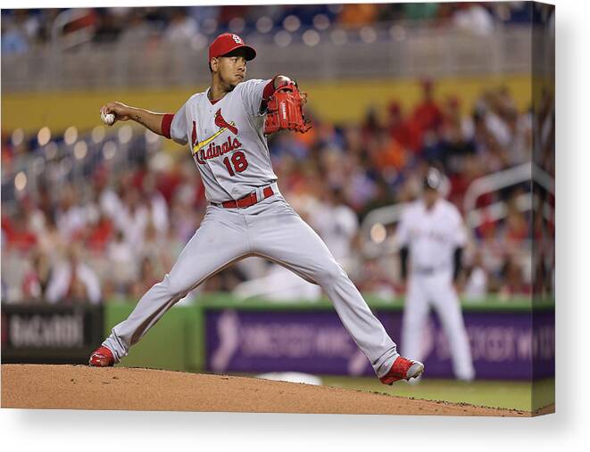 St. Louis Cardinals Canvas Print featuring the photograph St Louis Cardinals V Miami Marlins by Rob Foldy