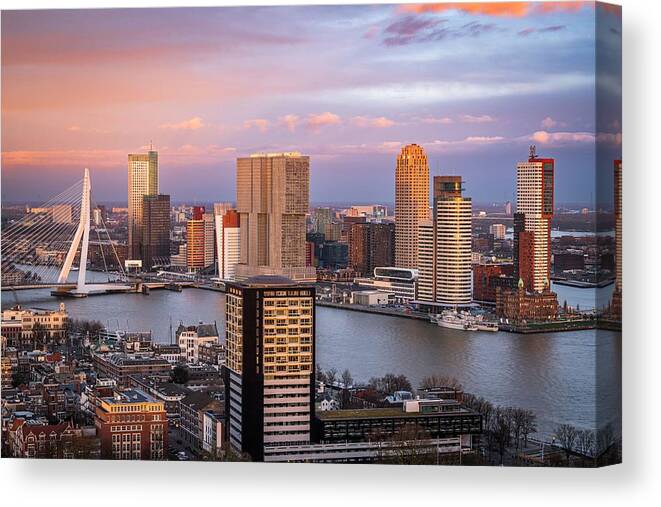 Landscape Canvas Print featuring the photograph Rotterdam, Netherlands, City Skyline #21 by Sean Pavone
