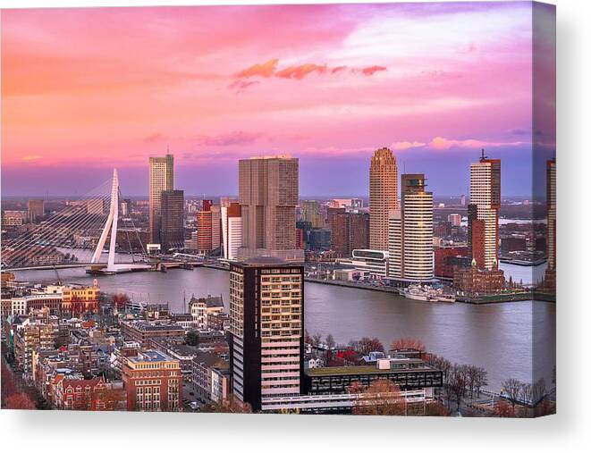 Landscape Canvas Print featuring the photograph Rotterdam, Netherlands, City Skyline #24 by Sean Pavone