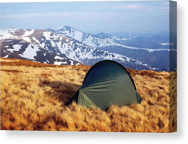 Landscape Canvas Print featuring the photograph Green Tent On Amazing Meadow In Spring #3 by Ivan Kmit