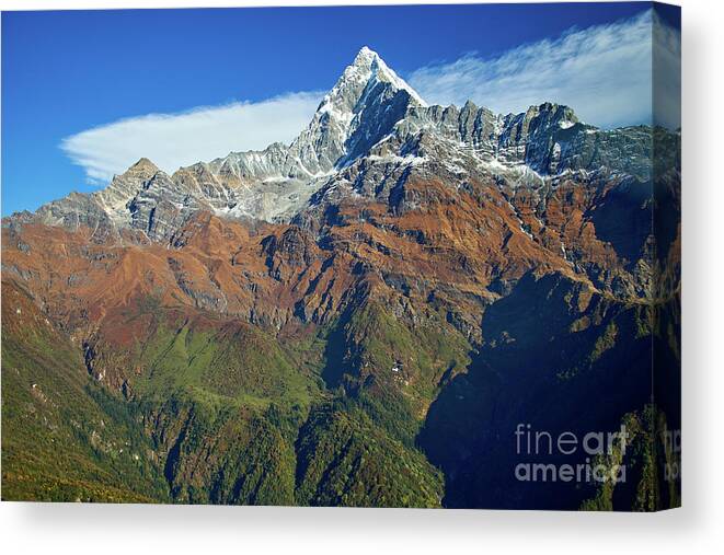 Himalaya Canvas Print featuring the photograph Machapuchare mountain Fishtail in Himalayas range Nepal #3 by Raimond Klavins