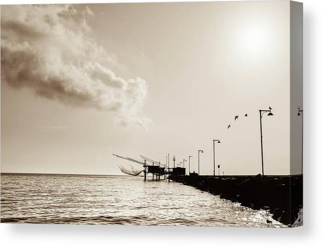 Dawn Canvas Print featuring the photograph Pier With Fishermans Nets #3 by Deimagine
