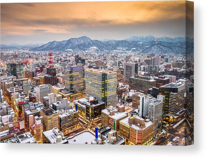 Landscape Canvas Print featuring the photograph Sapporo, Hokkaido, Japan Downtown #3 by Sean Pavone