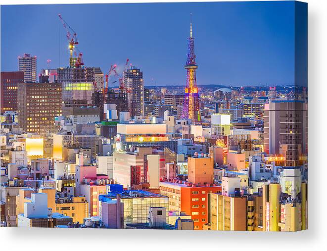 Landscape Canvas Print featuring the photograph Sapporo, Japan Downtown Cityscape #3 by Sean Pavone
