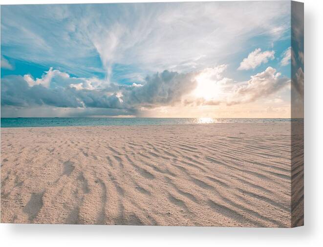 Landscape Canvas Print featuring the photograph Sea Sand Sky Concept, Sunset Colors #3 by Levente Bodo