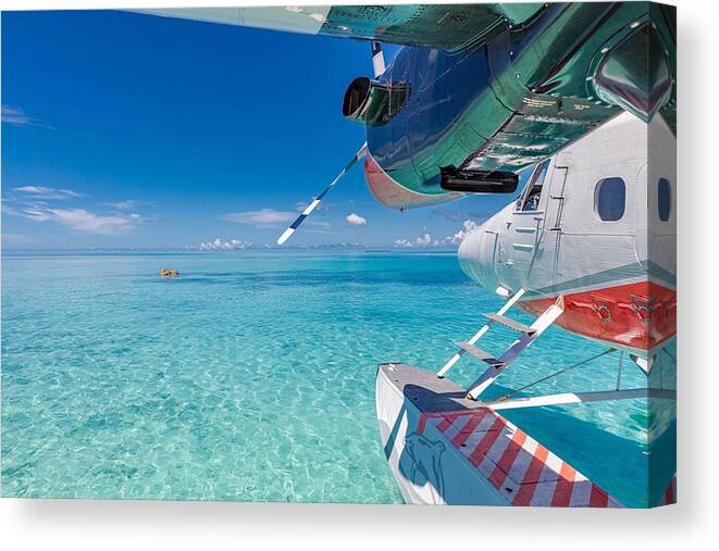 Landscape Canvas Print featuring the photograph Seaplane At Tropical Beach Resort #4 by Levente Bodo