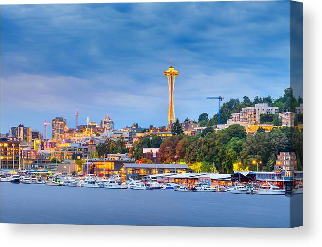 Landscape Canvas Print featuring the photograph Seattle, Washington, Usa Skyline #4 by Sean Pavone