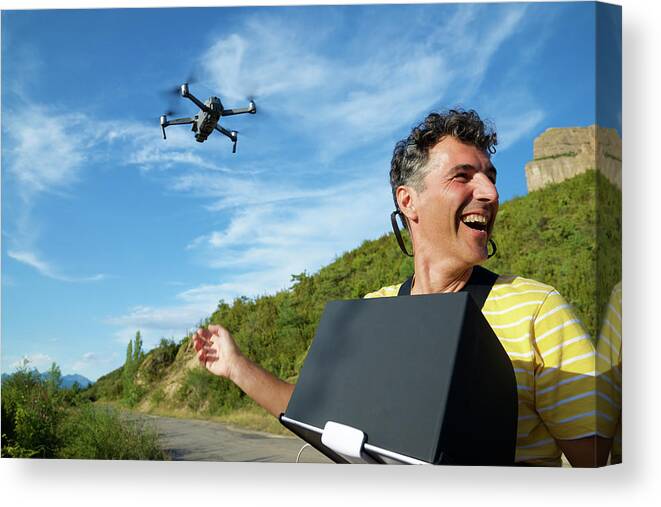 Drone Canvas Print featuring the photograph A Man Driving A Drone In The Pyrenees. #5 by Cavan Images