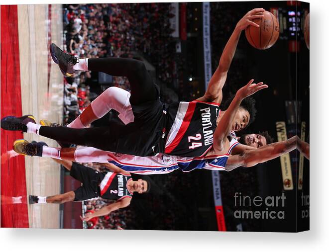 Nba Pro Basketball Canvas Print featuring the photograph Philadelphia 76ers V Portland Trail by Sam Forencich