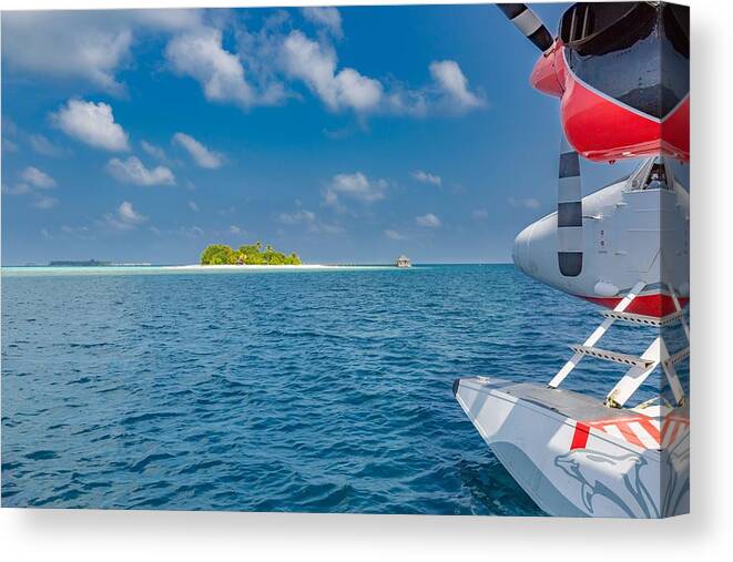 Landscape Canvas Print featuring the photograph Seaplane At Tropical Beach Resort #5 by Levente Bodo