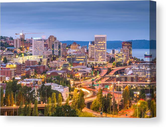 Landscape Canvas Print featuring the photograph Tacoma, Washington, Usa Skyline #5 by Sean Pavone