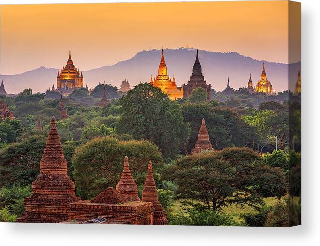 Landscape Canvas Print featuring the photograph Bagan, Myanmar Temples #6 by Sean Pavone