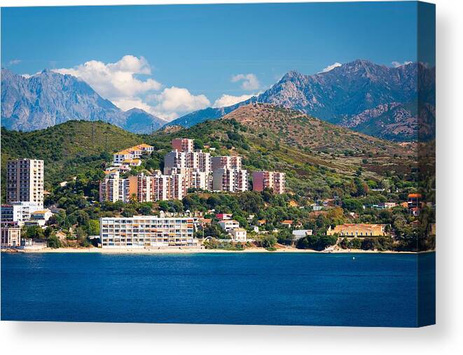 Landscape Canvas Print featuring the photograph Corsica, France Coastal Resorts Skyline #6 by Sean Pavone