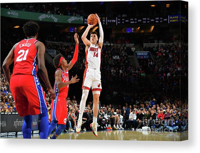 Tyler Herro Canvas Print featuring the photograph Miami Heat V Philadelphia 76ers by Jesse D. Garrabrant