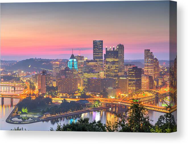 Landscape Canvas Print featuring the photograph Pittsburgh, Pennsylvania, Usa Skyline #6 by Sean Pavone