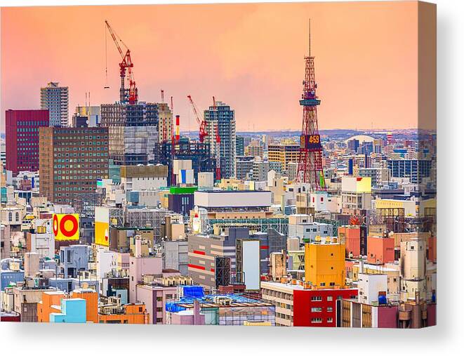 Landscape Canvas Print featuring the photograph Sapporo, Hokkaido, Japan Downtown City #7 by Sean Pavone