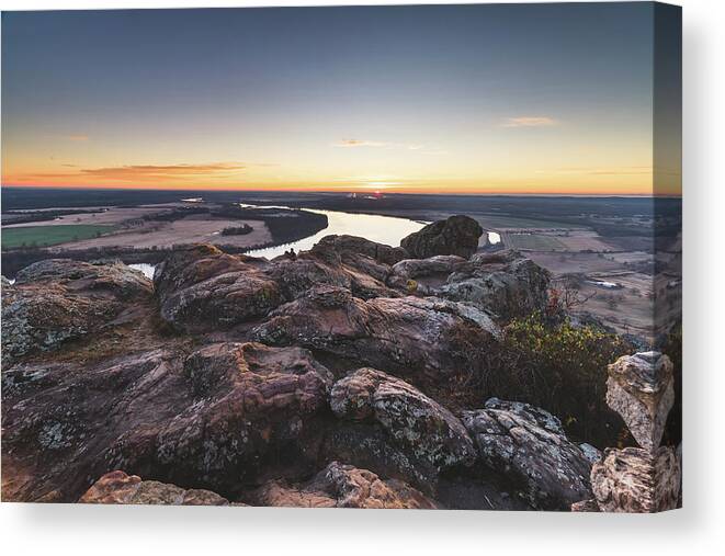 Petit Jean State Park Canvas Print featuring the photograph Sunrise over the Arkansas River #9 by Mati Krimerman