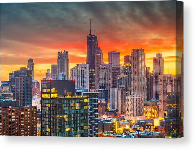 Landscape Canvas Print featuring the photograph Chicago, Illinois, Usa Aerial Downtown #9 by Sean Pavone