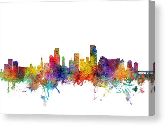 Miami Canvas Print featuring the digital art Miami Florida Skyline #9 by Michael Tompsett