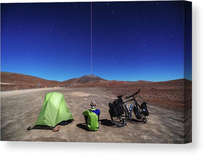 Adventure Canvas Print featuring the photograph A cyclist camping near Paranal Observatory in Atacama Desert, Chile by Kamran Ali
