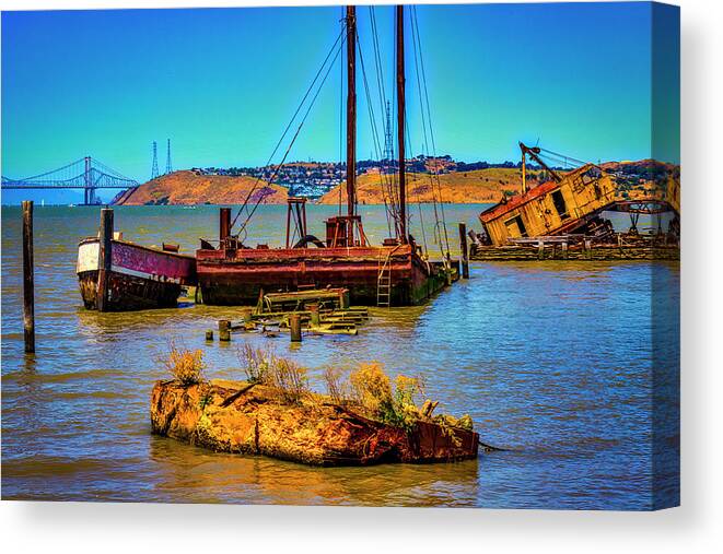 Abandoned Canvas Print featuring the photograph Abandoned Boats Benicia Bay by Garry Gay