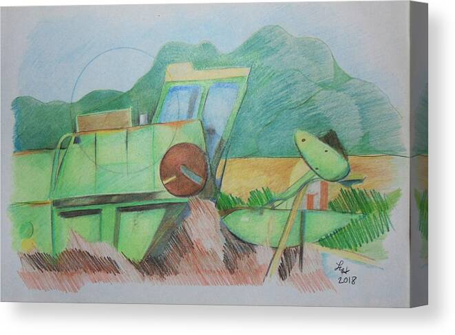 Art Canvas Print featuring the drawing Abandoned Combine by Loretta Nash