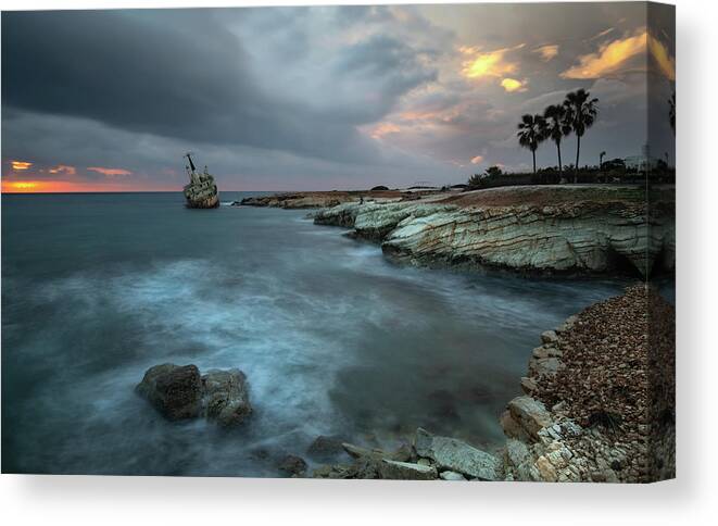Coastline Canvas Print featuring the photograph Abandoned ship of EDRO III resting on the coastline of Peyia in by Michalakis Ppalis