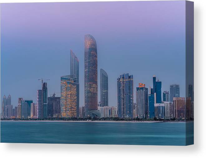 Abu Canvas Print featuring the photograph Abu Dhabi Skyline, Uae by Mohamed Kazzaz