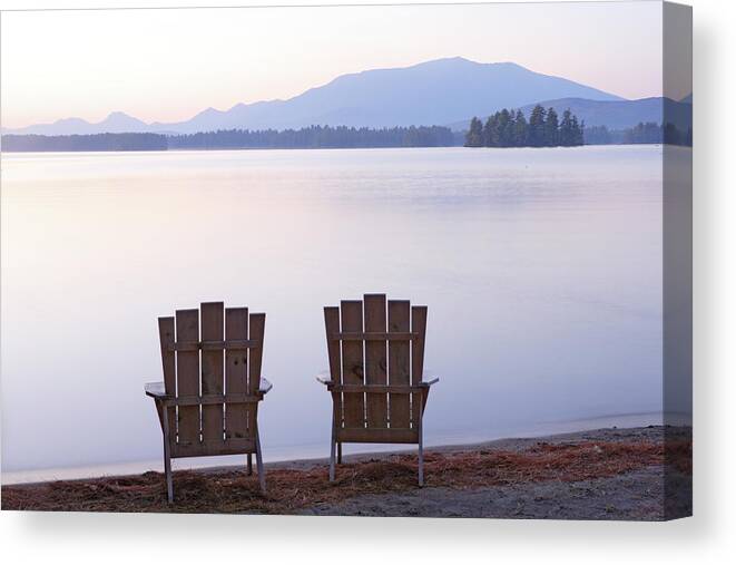 Tranquility Canvas Print featuring the photograph Adirondack Chairs On Millinocket Lake by Franz Marc Frei