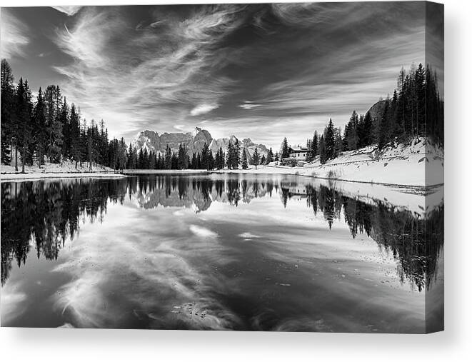 Alpine Reflection - B-w Canvas Print featuring the photograph Alpine Reflection - B-w by Michael Blanchette Photography