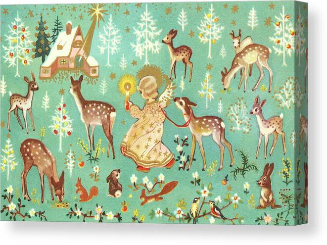 Angel Canvas Print featuring the drawing Angel With Forest Animals by CSA Images