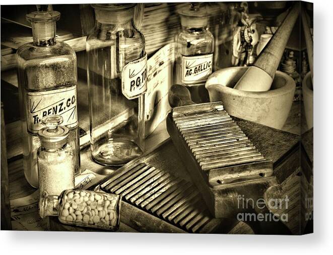 Paul Ward Canvas Print featuring the photograph Apothecary-Vintage Pill Maker Sepia by Paul Ward
