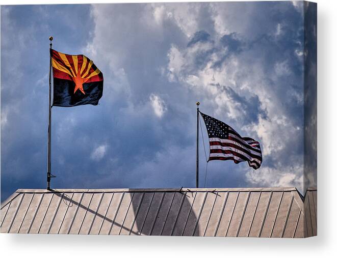Arizona Canvas Print featuring the photograph Arizona and US Flags by Chance Kafka