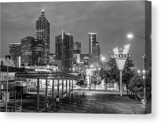 America Canvas Print featuring the photograph Atlanta Skyline Over the Varsity - Monochrome Edition by Gregory Ballos