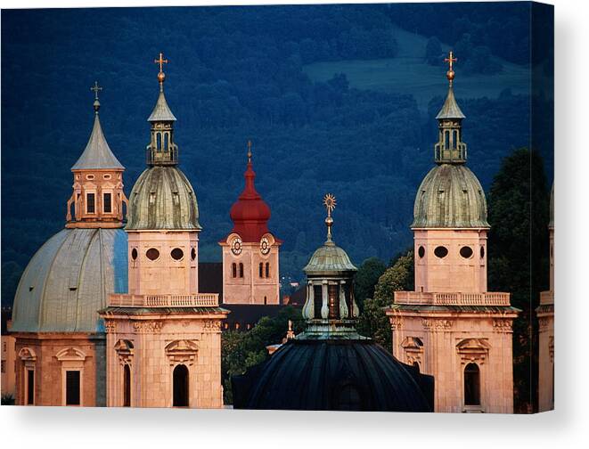 Kollegienkirche Canvas Print featuring the photograph Austria, Salzburg, Domes Of Cathedral by Travelpix Ltd