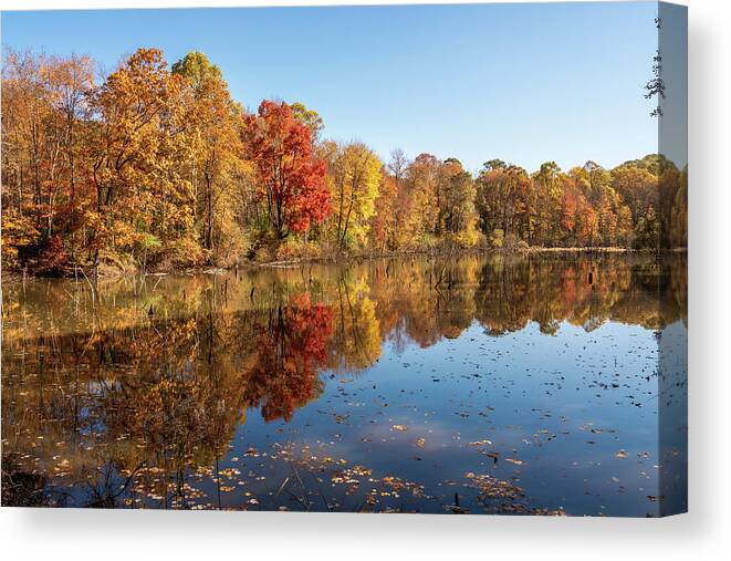 Autumn Color And Reflections Moraine State Park Of Pennsylvania Canvas Print featuring the photograph Autumn Color and Reflections Moraine State Park of Pennsylvania by Debra Martz