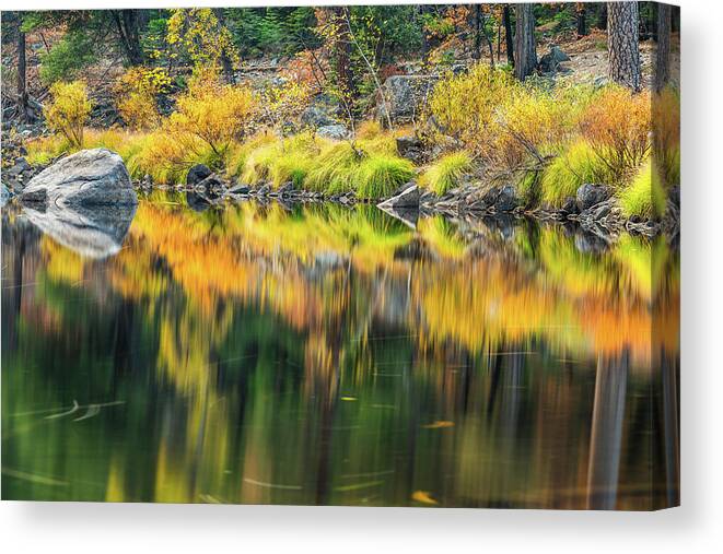 Autumn Canvas Print featuring the photograph Autumn Colors Reflect On A Calm River In Yosemite National Np Forest. by Cavan Images / Sulbha Autumn Canvas Print featuring the photograph Autumn Colors Reflect On A Calm River In Yosemite National Np Forest. by Cavan Images / Sulbha