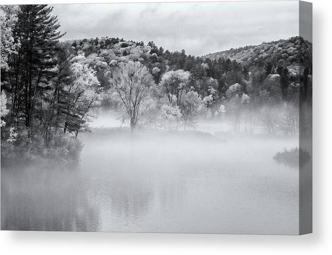 The Brattleboro Retreat Meadows Canvas Print featuring the photograph Autumn Fog In Black and White by Tom Singleton