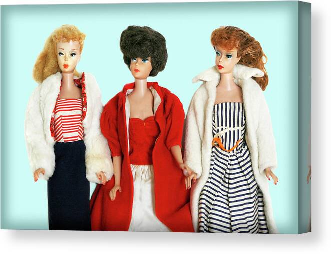Vintage Canvas Print featuring the photograph Baby It's Cold Outside Barbies by Marilyn Hunt