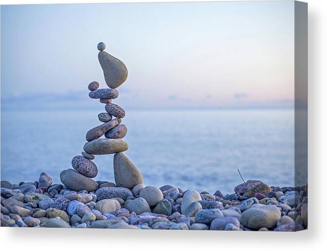 Meditation Zen Yoga Mindfulness Stones Nature Land Art Balancing Sweden Canvas Print featuring the sculpture Balancing art #33 by Pontus Jansson