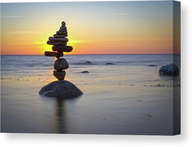 Meditation Zen Yoga Mindfulness Stones Nature Land Art Balancing Sweden Canvas Print featuring the photograph Balancing art #8 by Pontus Jansson