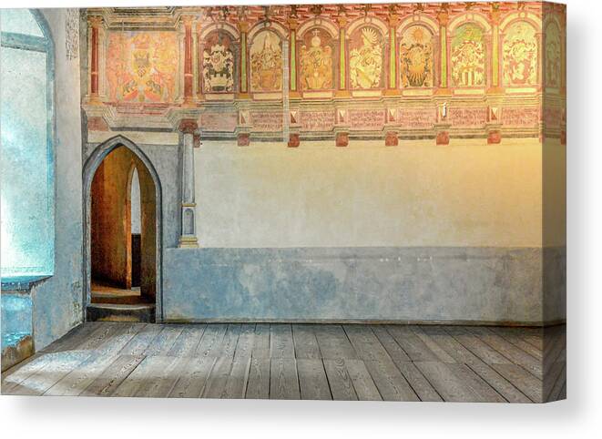 Chateau Chillon Canvas Print featuring the photograph Hall of the Bailiffs, Chateau Chillon by Marcy Wielfaert